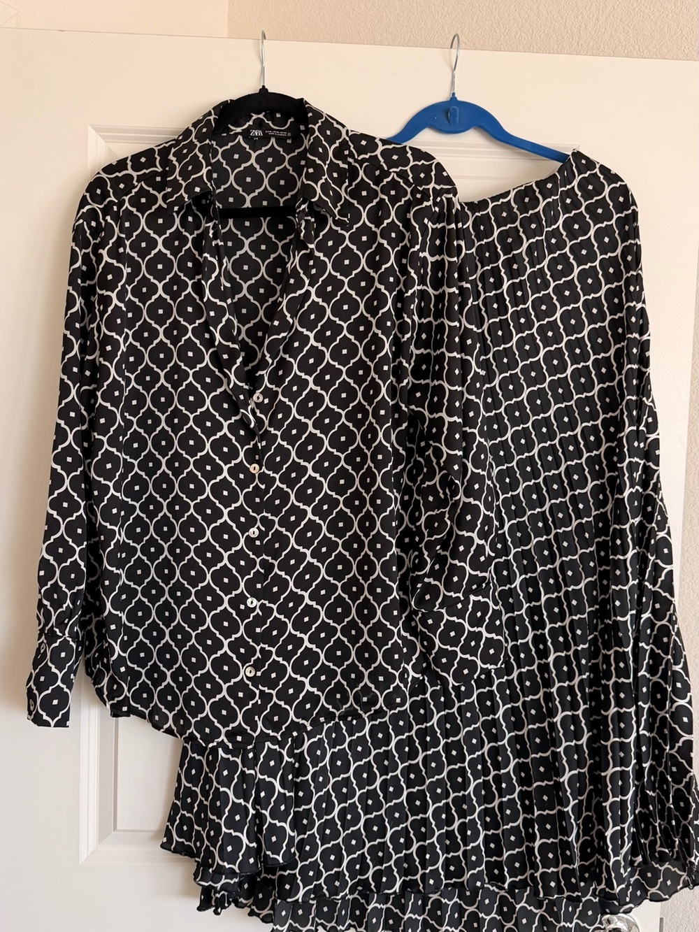 Black & White Geometric Button-Down Top and Matching Skirt Set